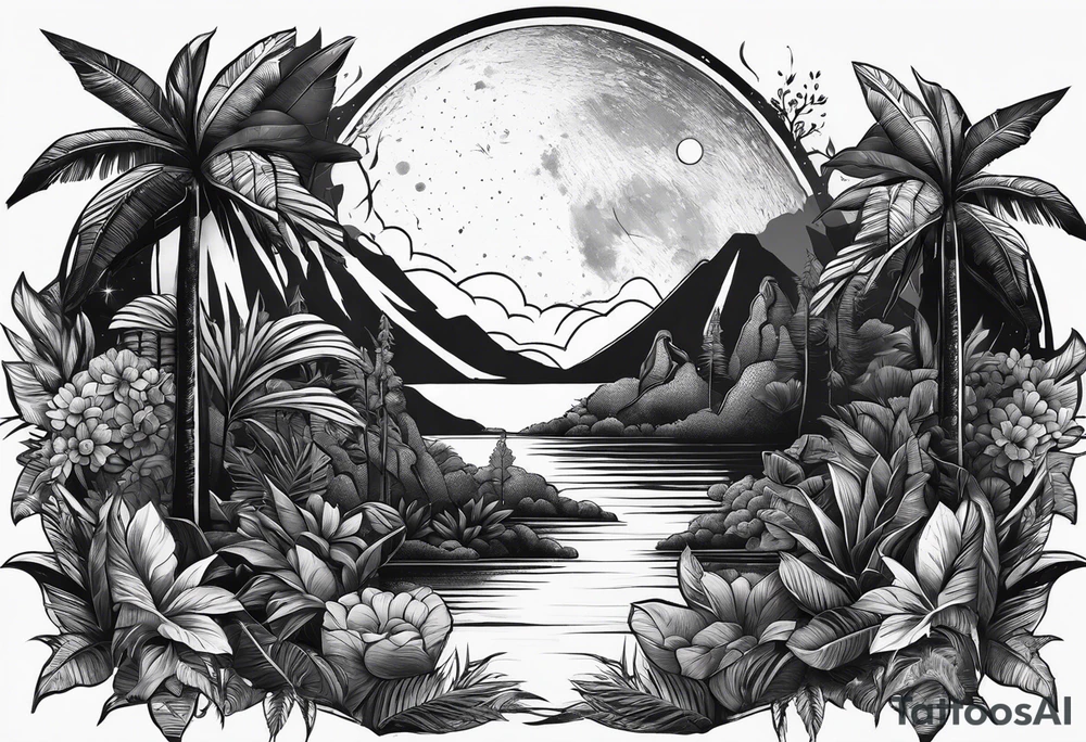 simple jungle, rocket, moon tattoo idea