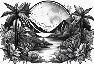 simple jungle, rocket, moon tattoo idea