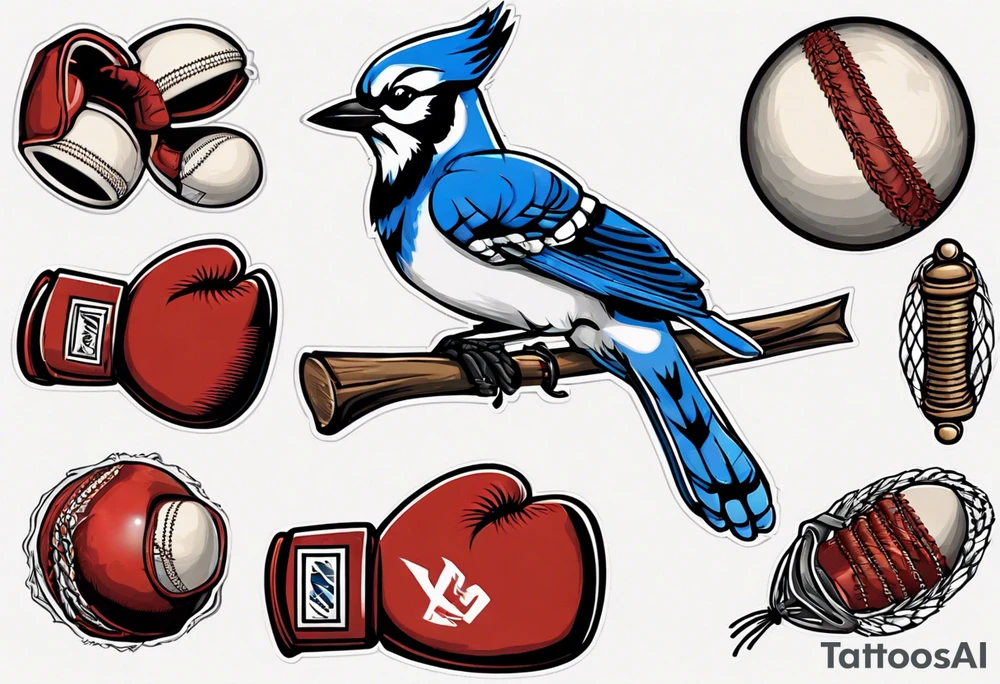 bluejay wearing boxing gloves and holding a cricket ball tattoo idea