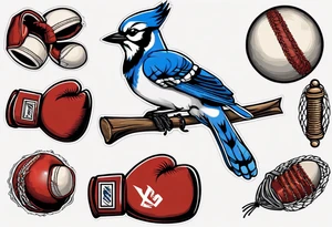 bluejay wearing boxing gloves and holding a cricket ball tattoo idea