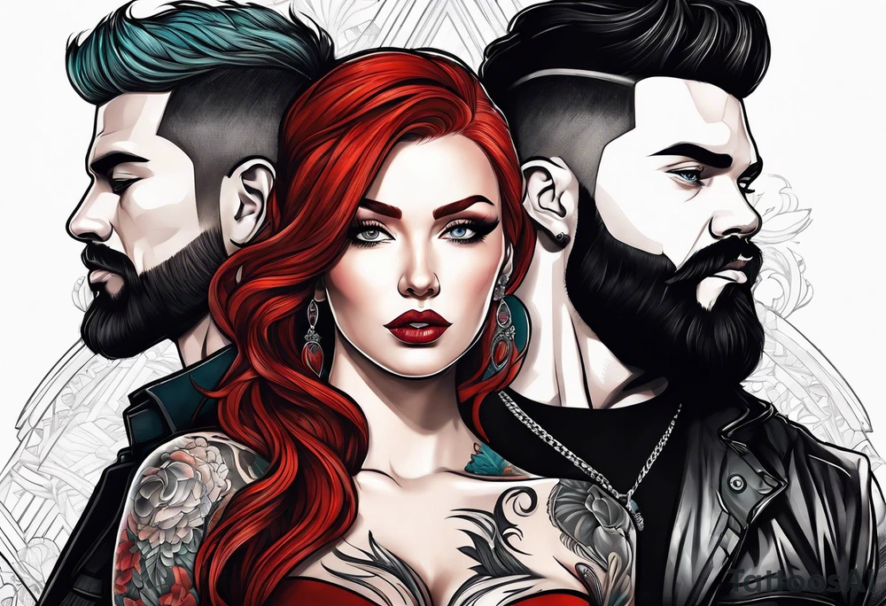 Busty Red haired woman with black haired bearded man tattoo idea
