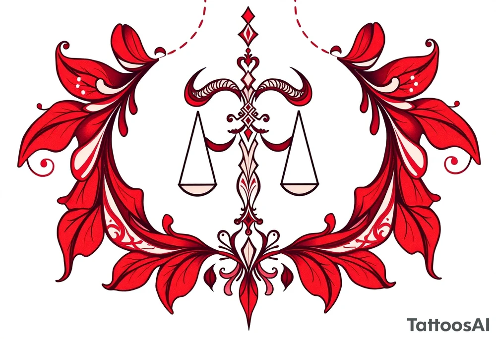 Tattoo that combines the star sign Taurus and Libra ,in red , down the spine tattoo idea