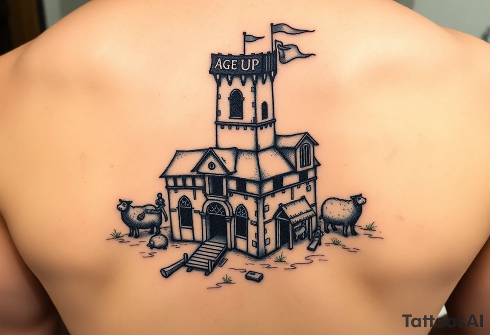 Blackwork or sketch-style tattoo of a medieval Town Center inspired by Age of Empires IV. Around it, include tiny humorous details: villagers carrying oversized resources like giant logs, sheep wandering near the building, and one villager stuck on the roof. Add playful game-inspired elements like a glowing 'Age Up' icon above the Town Center or a banner with the letters 'AOE' hanging from the tower. Light-hearted, fun, and recognizable to Age of Empires fans. Designed for shoulder placement tattoo idea