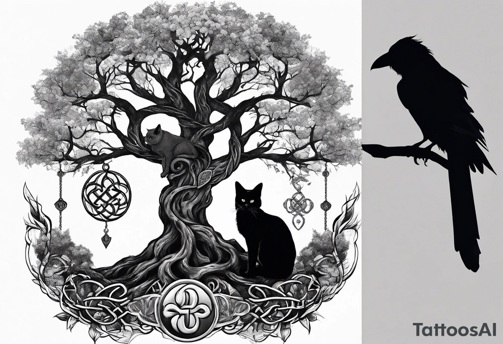 world tree with a cat and a raven and knotwork arm tattoo tattoo idea