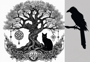 world tree with a cat and a raven and knotwork arm tattoo tattoo idea