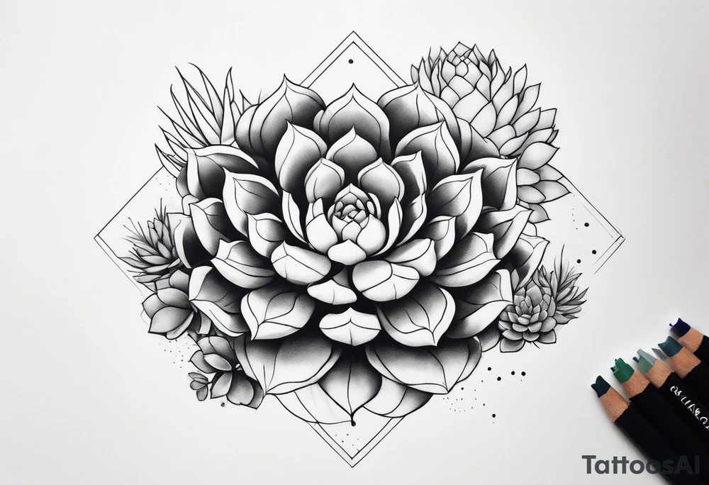 fine line. one big succulent in the middle. One smaller succulents on each side. Dots and floral
. Sternum tattoo grey scale shading tattoo idea