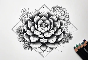fine line. one big succulent in the middle. One smaller succulents on each side. Dots and floral
. Sternum tattoo grey scale shading tattoo idea
