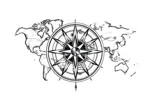 antique compass rose overlaid on weathered world map with sailing ships tattoo idea