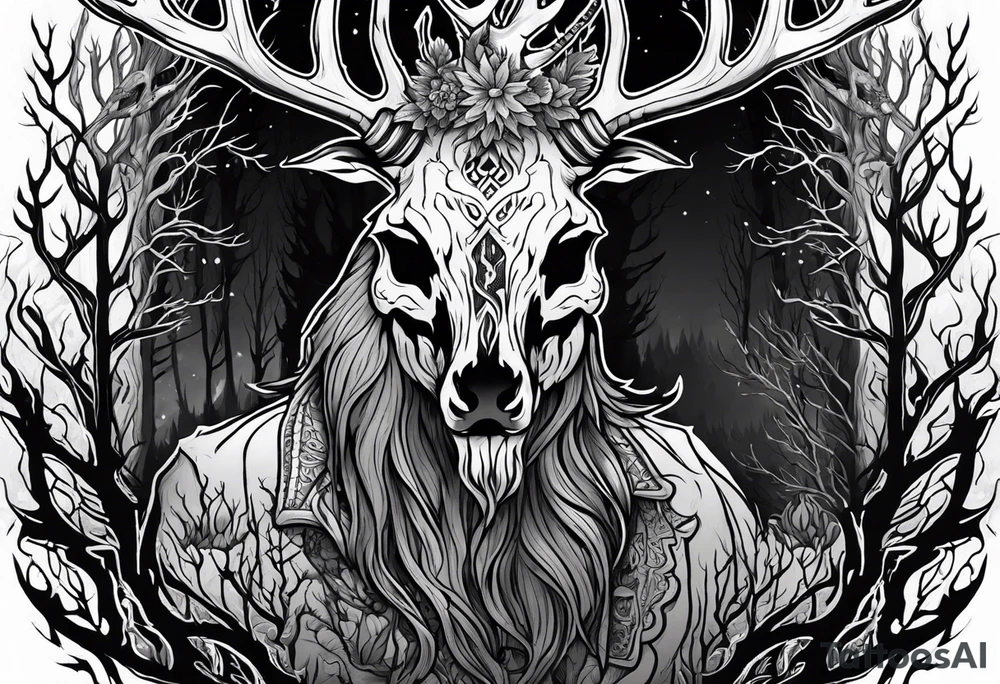 A wendigo with a decayed deer skull head with flames behind in a forest tattoo idea