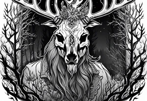 A wendigo with a decayed deer skull head with flames behind in a forest tattoo idea