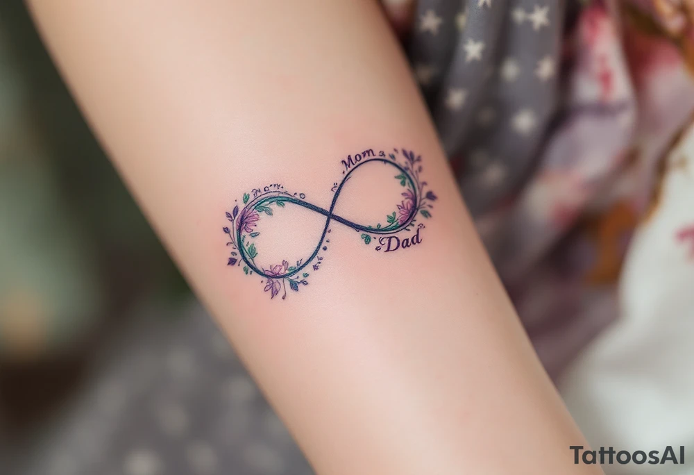 A delicate infinity symbol in violet and emerald green with “Mom  Dad” intertwined. tattoo idea