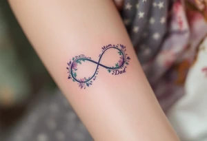 A delicate infinity symbol in violet and emerald green with “Mom  Dad” intertwined. tattoo idea