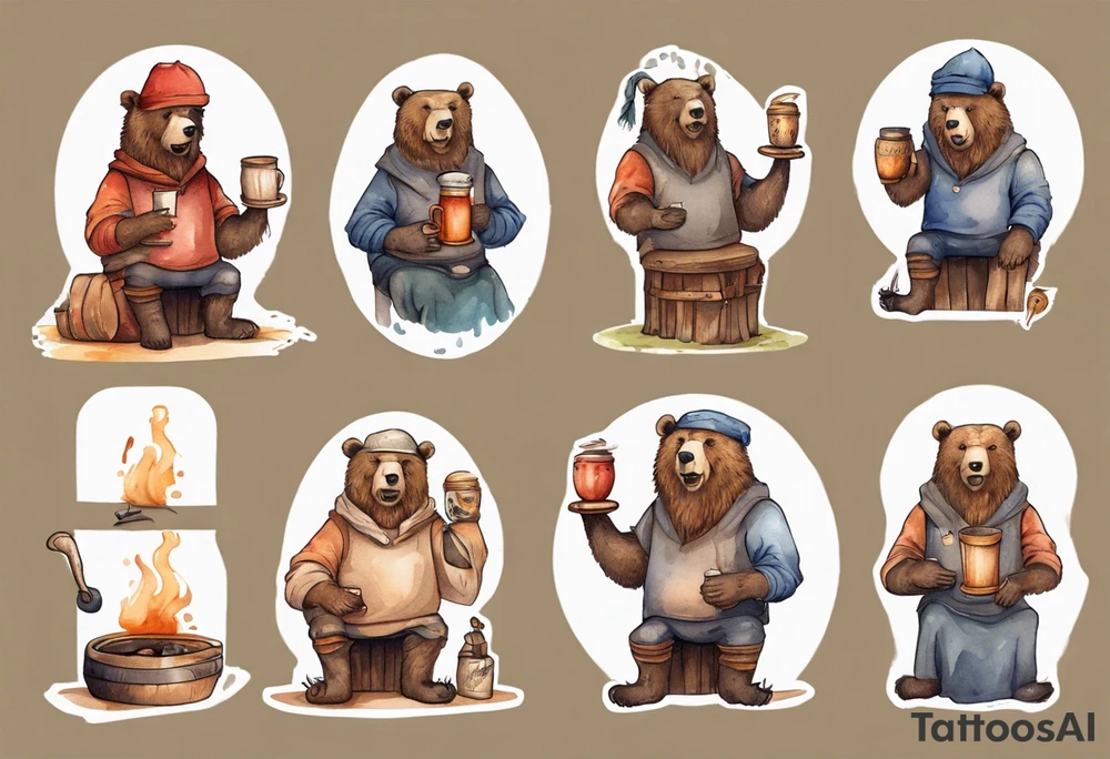 a medieval bear-human hybrid with a long beard wearing a Phrygian cap, sitting on a stool by the hearth, drinking from a wooden mug, smiling tattoo idea