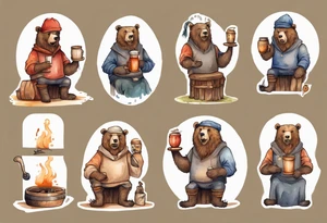 a medieval bear-human hybrid with a long beard wearing a Phrygian cap, sitting on a stool by the hearth, drinking from a wooden mug, smiling tattoo idea