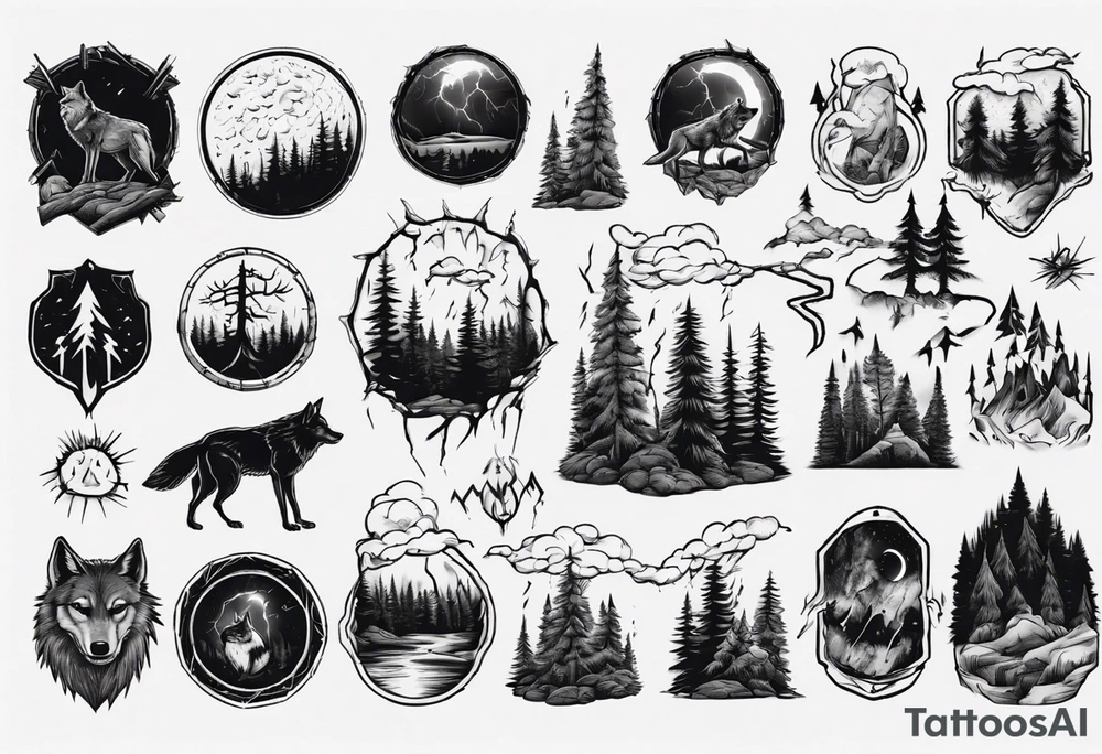 a thunder and lightning storm over a forest with a distant wolf howling and a drums tattoo idea a thunder and lightning storm over a forest with a distant wolf howling and a drums tattoo idea