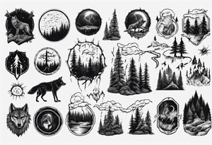 a thunder and lightning storm over a forest with a distant wolf howling and a drums tattoo idea