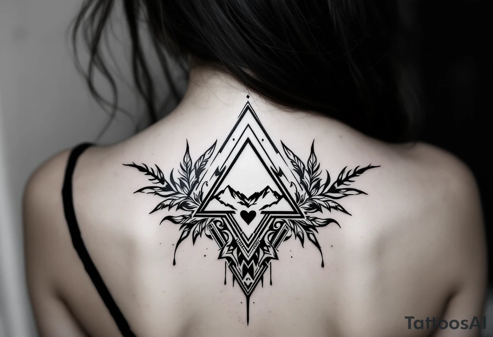 A triangle with a big heart in the cente with a mountain theme tattoo idea