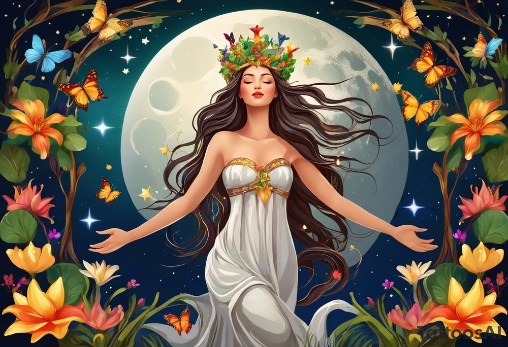 Beautiful woman made of tree, branches, and leaves. She is wearing a crown made of butterflies and has a pond and lilies near her feet with colorful vegetation. She is holding her arms upright and has her hands cupped above her head. Above her hands she has the moon, stars, and sun. The moon, stars, and sun have a flower accent. tattoo idea