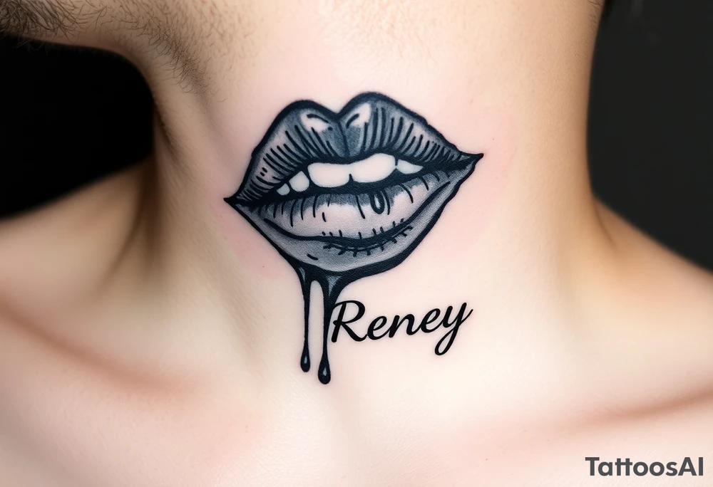 Seductive Stain from lipstick kiss with name Reney lowercase with drool tattoo idea
