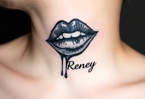 Seductive Stain from lipstick kiss with name Reney lowercase with drool tattoo idea