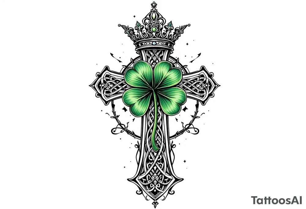 Celtic cross tattoo featuring intricate knotwork patterns along the arms and base of the cross. At the heart of the cross, place a vibrant four-leaf clover, its leaves shaded with subtle gradients of green, symbolizing luck and unity. Above the cross, incorporate a regal crown adorned with ornate details, such as small gemstones or filigree, to signify authority and strength. Behind the cross include a lot of filigree and celtic knots giving a tree of life vibe tattoo idea