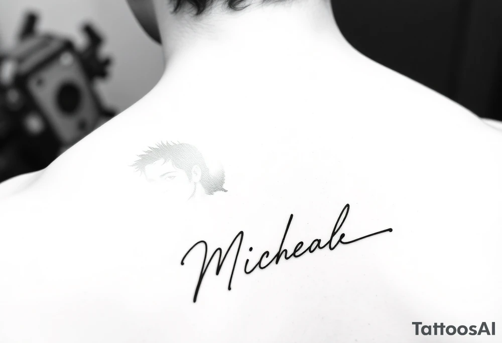 A black and grey realism tattoo design for an upper arm sleeve of Michael Jackson. The main design shows a photorealistic portrait fading out near the bottom. At the very bottom, his iconic official signature/autograph is written in clean, sharp fine-line script on a clean skin background, acting as a signature for the artwork. Professional tattoo flash tattoo idea