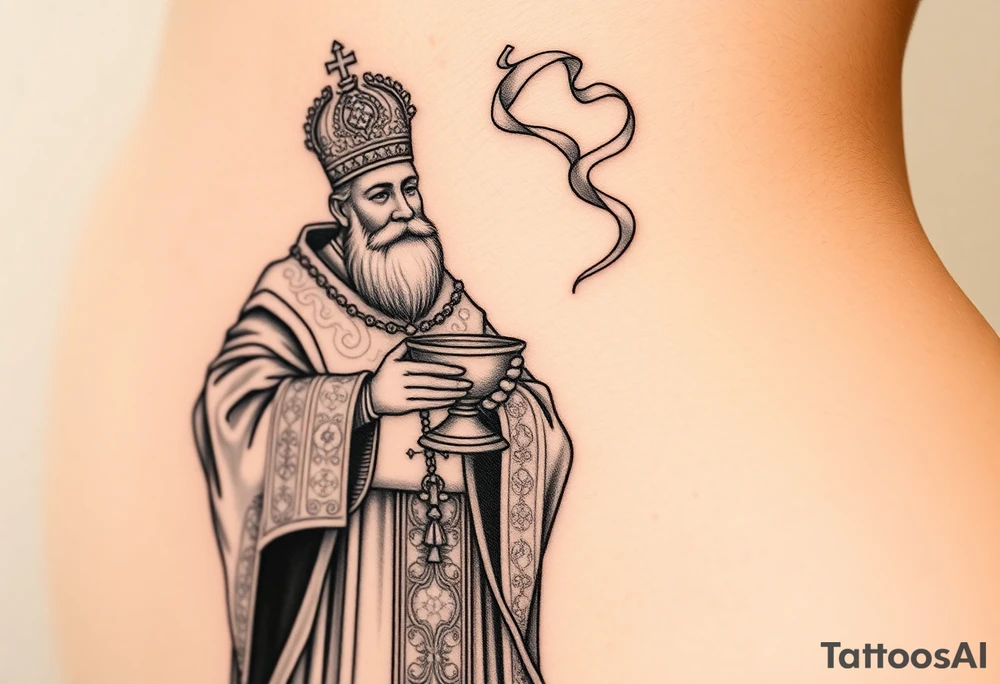 A Russian Orthodox Priest in full gold vestments swinging a censer with smoke curling upward 

The ornate robes give incredible fine line detail
The incense smoke could flow and connect to other elements
It ties directly into the church and Virgin Mary you already have
Very culturally authentic to the overall theme tattoo idea