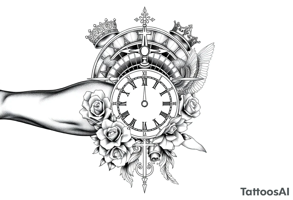 Roulette casino and princess and cross, baby angels, roses and clock and stars and fish, crown tattoo idea