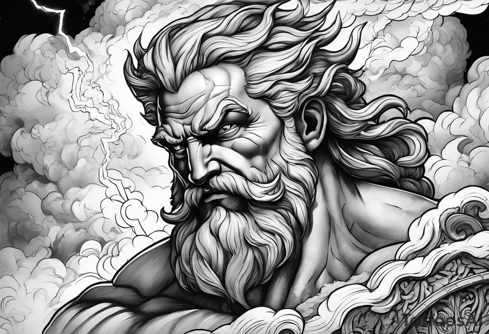 Zeus with a lightning bolt on clouds and Hades in hell below tattoo idea Zeus with a lightning bolt on clouds and Hades in hell below tattoo idea
