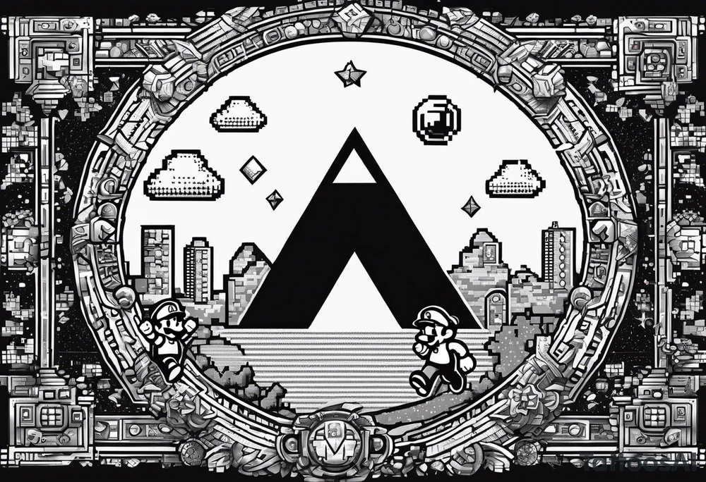 pixel art representations of Mario jumping, a Pokeball opening, the Triforce, the Vault Boy giving a thumbs up arranged in a dynamic composition tattoo idea
