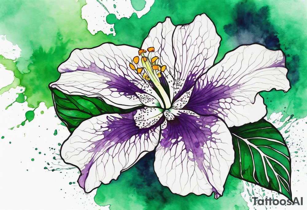 An outline of a green rio dipladenia flower and a green/purple watercolor splash in the background tattoo idea