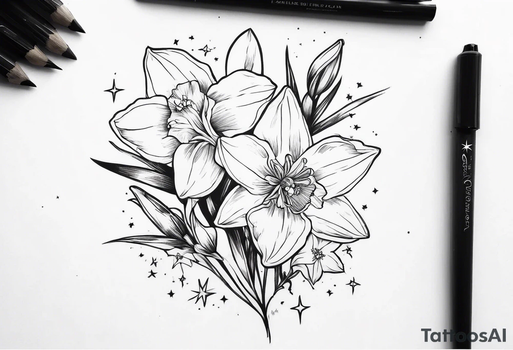 Larkspur, narcissus and stars tattoo idea