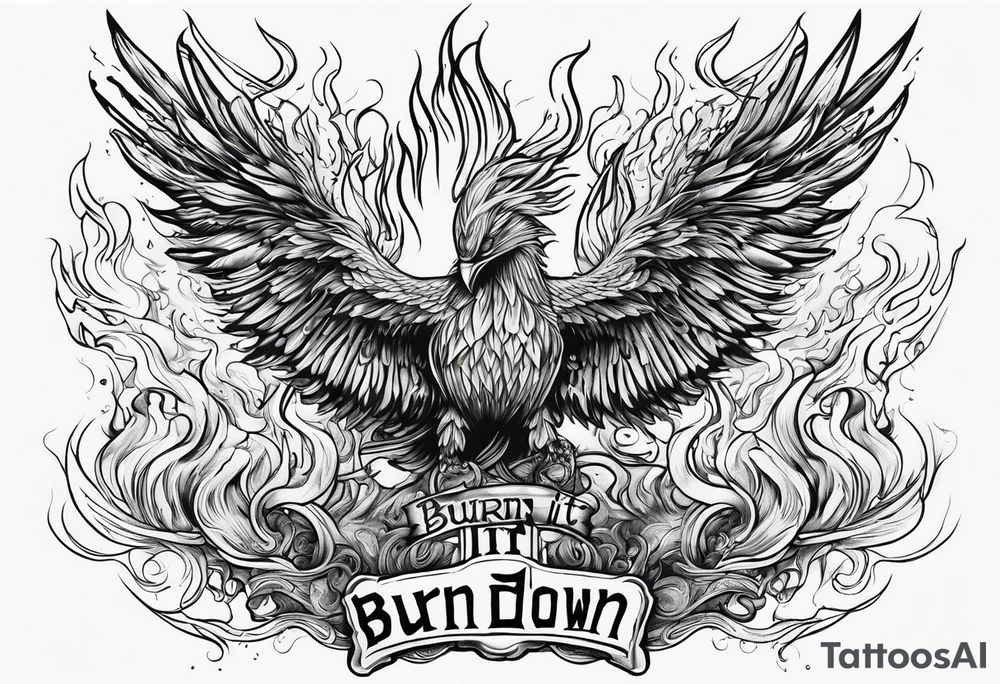 Bold text "BURN IT DOWN" engulfed with flames and smoke of a phoenix tattoo idea Bold text "BURN IT DOWN" engulfed with flames and smoke of a phoenix tattoo idea