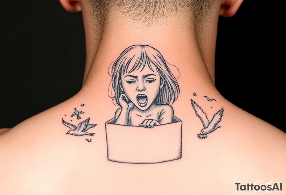 a girl trapped in a box trying to get out with faces blurred out around her screaming and birds flying tattoo idea