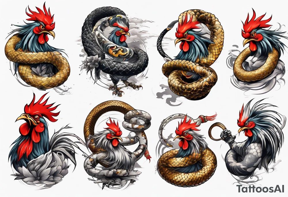 Samurai rooster fighting a snake tattoo idea