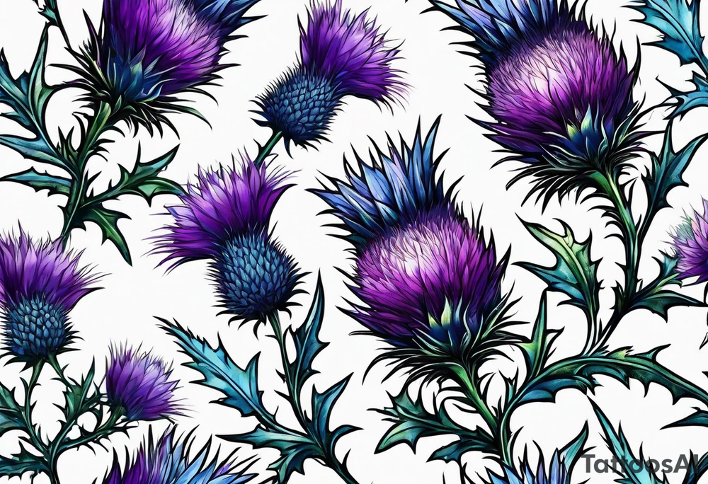 Thin vertical Purple thistle and blue thistle tattoo idea