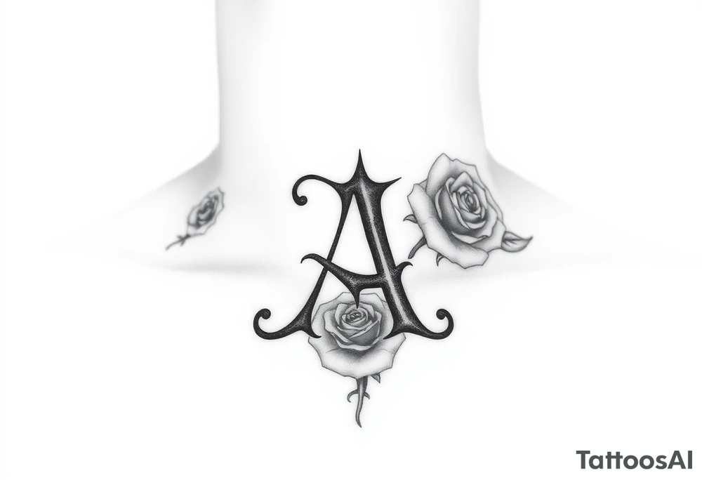 Create a throat tattoo using old english font of Letter A with subtle rose background tattoo idea