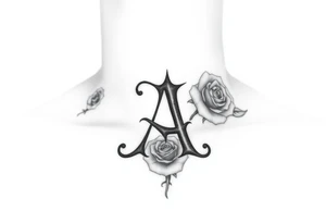 Create a throat tattoo using old english font of Letter A with subtle rose background tattoo idea
