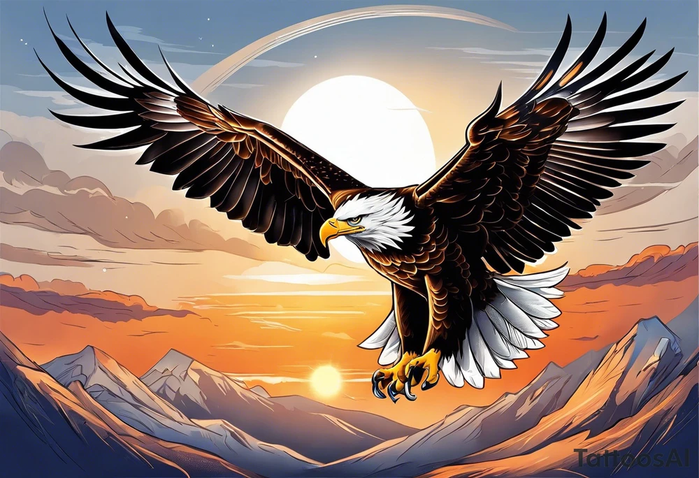 eagle gliding with sun in the back tattoo idea