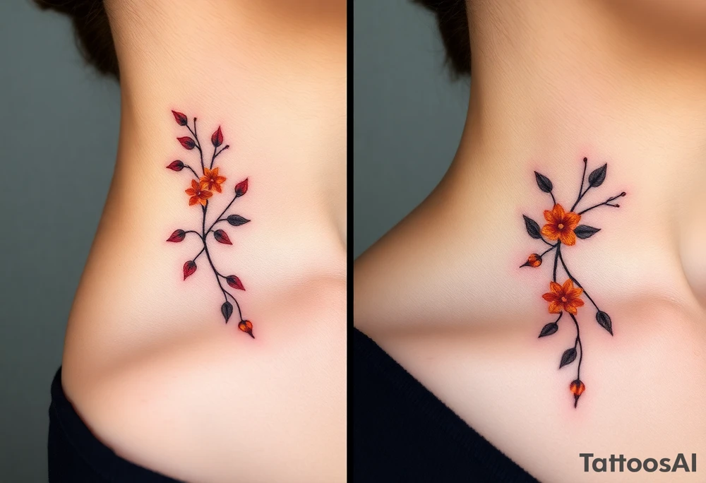 Two separate collarbone tattoos of long, stems and branches covered with red, orange, yellow and dark forest green leaves and flowers, fall themed, muted, delicate and gentle but moody, long and thin, following the collarbone. tattoo idea