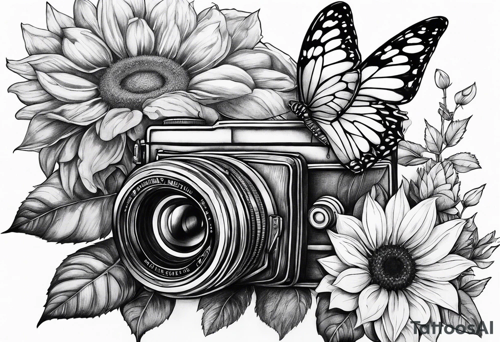 Butterfly, sunflower, camera, book, flower rose tattoo idea