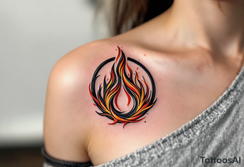 A bold and intricate design featuring the Dauntless symbol, a flame inside a circle, with dynamic black lines and red-orange accents that give it an intense, fiery look. The flame can have soft gradients of red, yellow, and orange to create a sense of movement and heat. Black, red, orange, yellow. tattoo idea