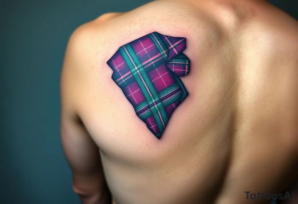 Dark Purple with green pink blue and white highlights tartan fabric with skin around edges peeling and wrapping around side of shoulder tattoo idea