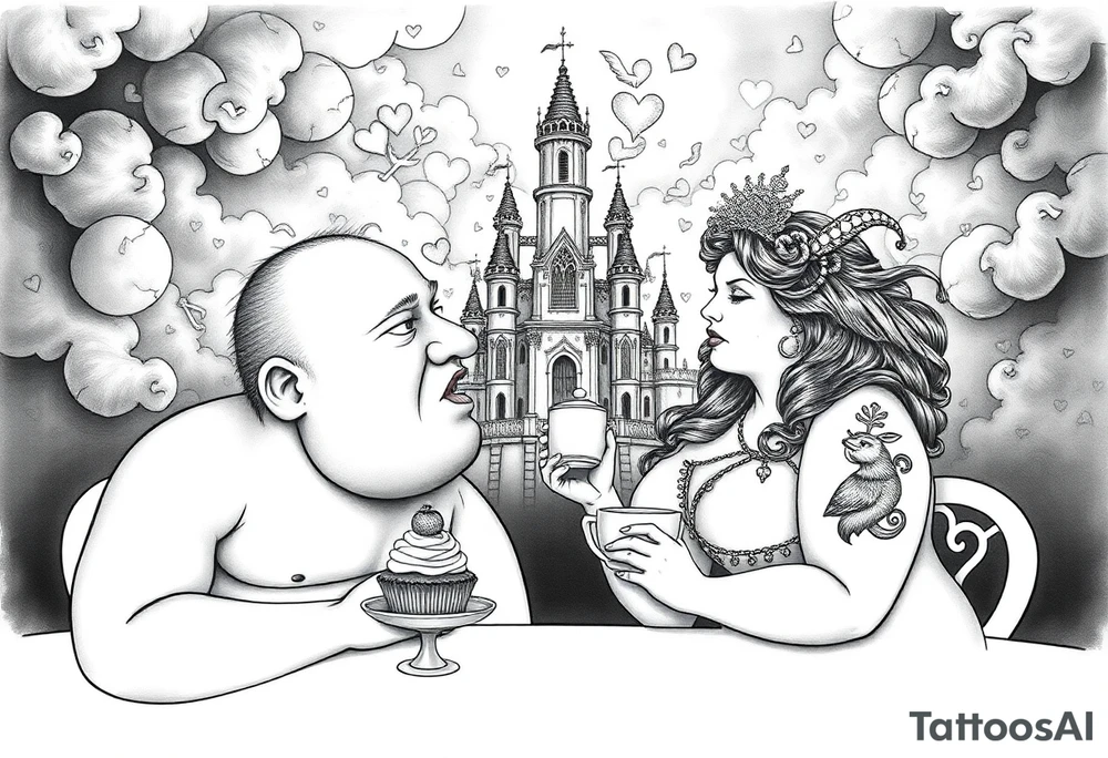 Naked Man and fat woman having sex eating cupcakes and  fruit  having sexy naked fat lady having a tea party with tea pots  swith fancy castle  
with mystical  aries a pigs, peacock,  lion, goat, noose and smoking cigerettes looking in the mirror thru storm clouds and broken hearts and darkness and wrath, envy , gluttony, greed, sloth, pride . Gothic tattoo idea