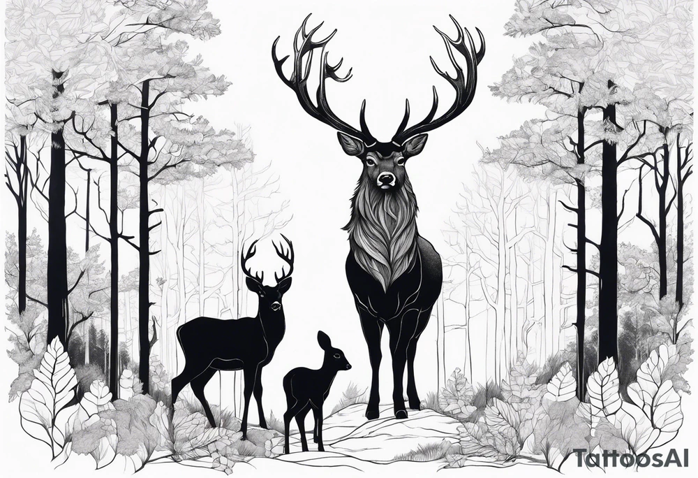 a large majestic male with large antlers, a graceful female and a small fawn. In the background, majestic trees, such as spruce and birch, no grass and no flower tattoo idea