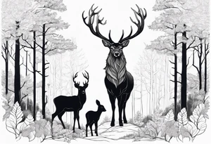 a large majestic male with large antlers, a graceful female and a small fawn. In the background, majestic trees, such as spruce and birch, no grass and no flower tattoo idea