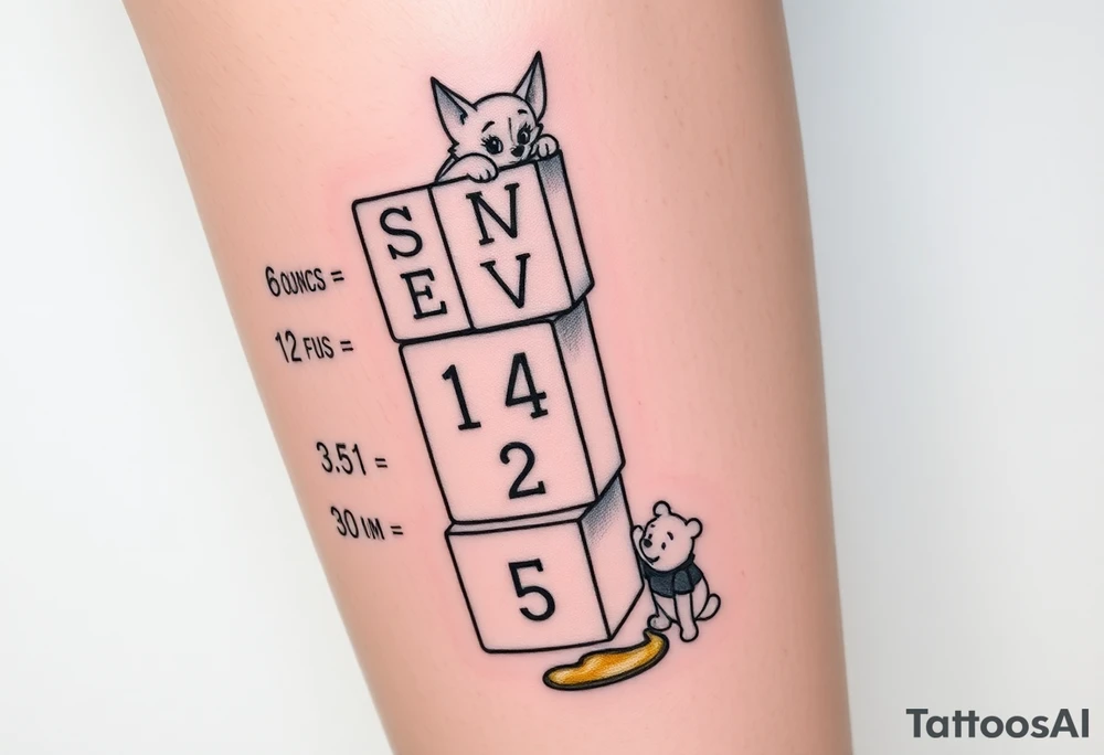 a thigh tattoo with alphabet blocks going down vertically stacked crooked but on the alphabet blocks,the name S E V Y N is alternated on the sides of all five blocks and 07 14 25 is alternated on the other sides of the blocks as well and on the top of the blocks Marie from the Aristocats peeking up looking showing her eyes, her bow on her head and her front pause and then on the bottom block then Winnie the Pooh standing on the ground, reaching up on the block for the honey that’s spilling off the side and on the left side not on the blocks to say 6 ounces 12 pounds 20 inches all lined up in a column going vertically starting with the 6 ounces 12 pounds and 20 inches in that order and then on the right side, not touching the blocks to say 3:51 AM. tattoo idea