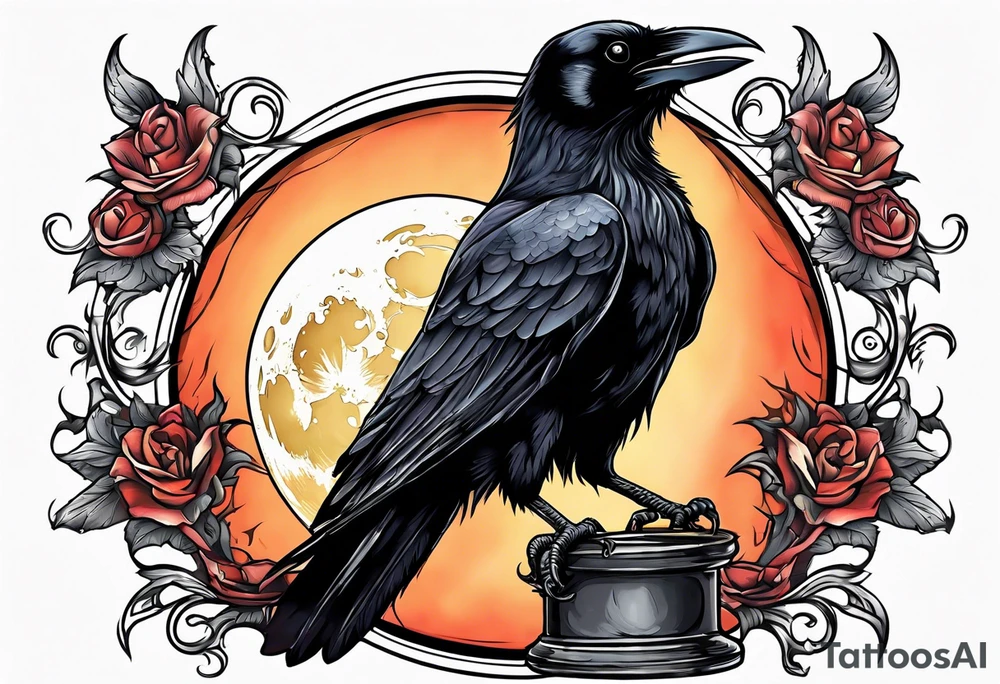 Gothic crow flying holding a candle with a moon in the background tattoo idea