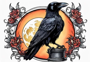 Gothic crow flying holding a candle with a moon in the background tattoo idea