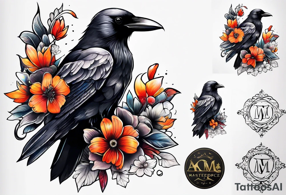 crow and flowers half sleeve tattoo idea